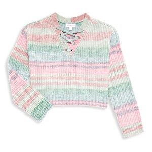 Design History Pink and Green Striped V-Neck Cropped Sweater Girls Medium